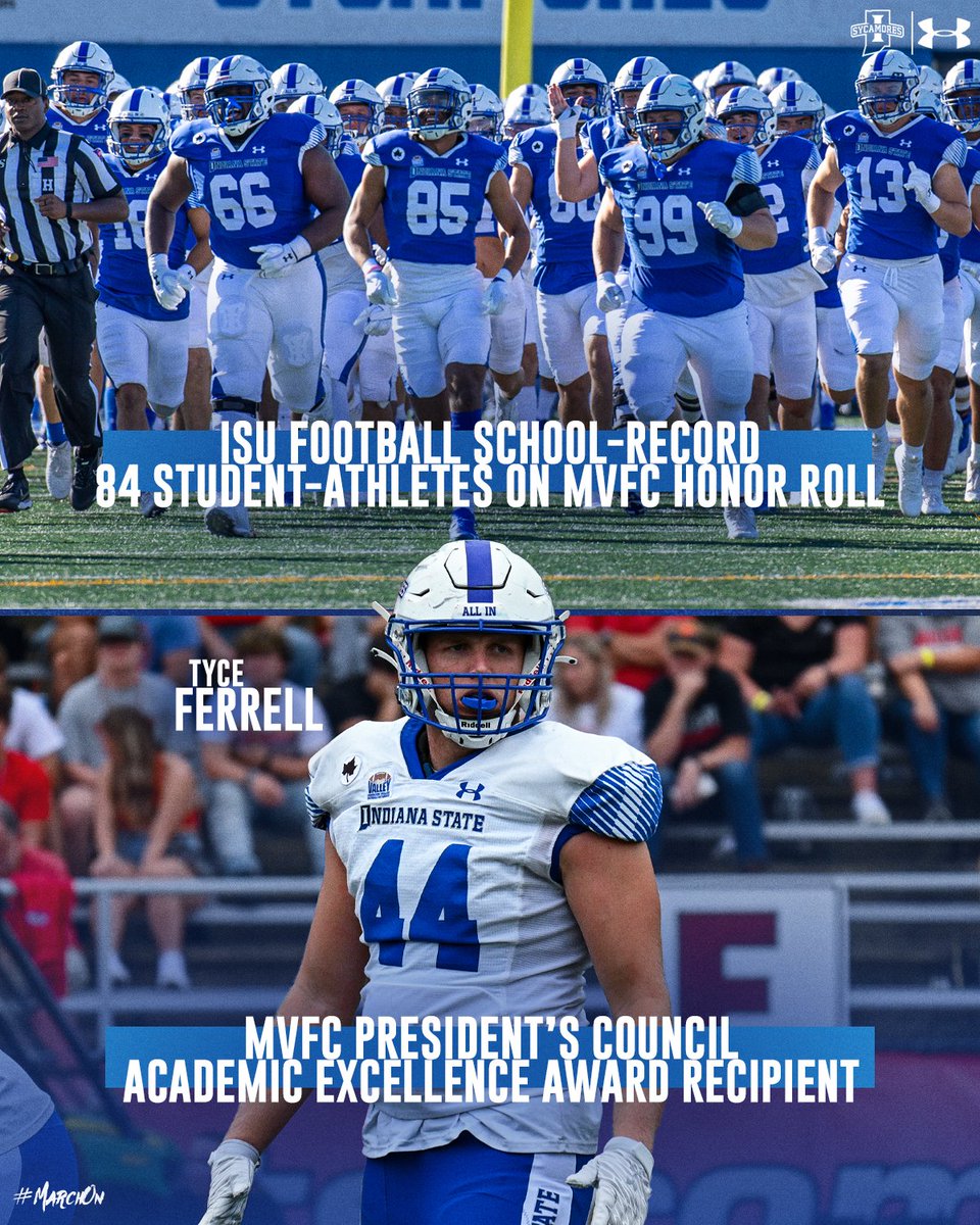 IndStFB's tweet photo. 84 Sycamores named to the #MVFC Honor Roll highlighted by @TyceFerrell earning the President's Council Academic Excellence Award
https://t.co/EJ6Y7iluJS
#MarchOn | #LeaveNoDoubt https://t.co/B6PPsxzXrH