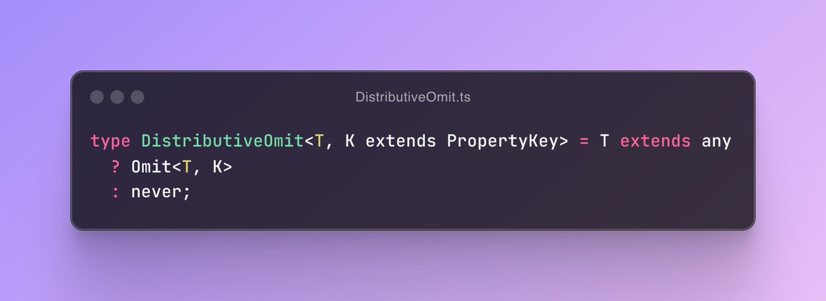 AlexKeliris's tweet photo. TIL that the `Omit` util in TypeScript is not distributive over union types: wrapping a union in `Omit` prevents type narrowing based on a discriminator. A solution is to use this distributive version (applies to all branches of the union `T`). https://t.co/jJO2KsUfKQ