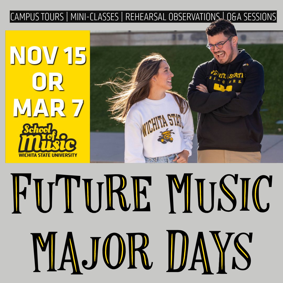 X (240 characters):
🚨 Save the Date! 🚨 Future Music Major Day at Wichita State University is your chance to explore your passion for music and college life. 📅 Dates: Nov 15 &amp; Mar 7. Don't miss out—register now and start your journey! #WSUMusic
🔗 ow.ly/hxpP50SzJy0