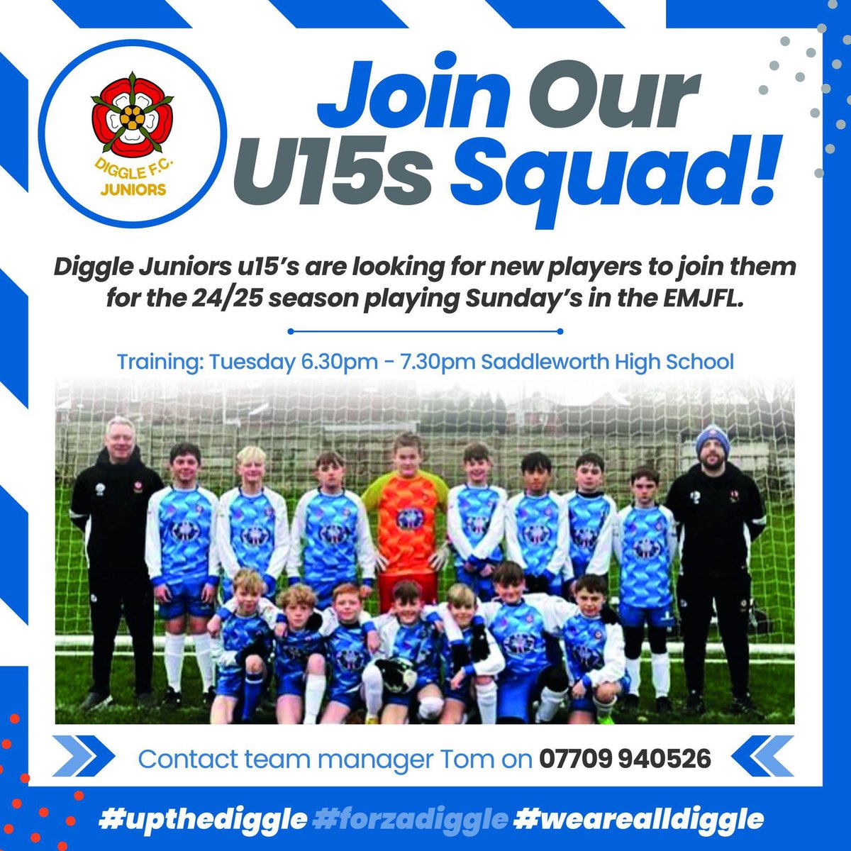 Diggle FC U15’s - On the look out for new players to join the squad ⚽️👍🏻
Get in-touch if interested .