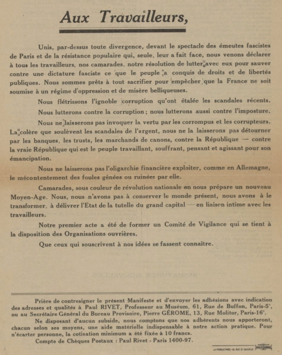 edwyplenel's tweet photo. « Unis par-dessus toute divergence » : l'acte de naissance du Comité de vigilance des intellectuels antifascistes, rédigé par le philosophe Alain (pour les radicaux), l'ethnologue Paul Rivet (pour les socialistes) et le physicien Paul Langevin (pour les communistes), 5 mars 1934. https://t.co/R76cYdi9Zb