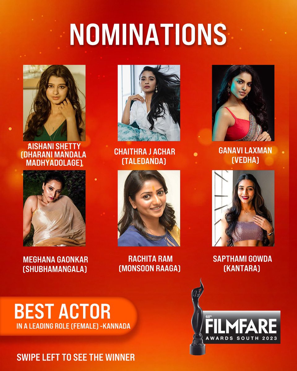 filmfare's tweet photo. Here is the winner of the Best Actor In A Leading Role (Female) - Kannada category of the #68thFilmfareAwardsSouth2023. https://t.co/atpjYnWlXF