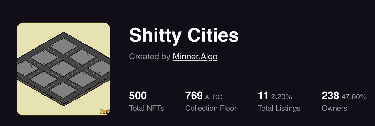 MinnerAlgo's tweet photo. There are currently only 11 out of 500 (2%) #ShittyCities available on #AlgorandNFT secondary marketplaces right now. With Upgrades coming, it makes sense! @ShittyKitties_ #ShittyHype https://t.co/cdb6XN4hZn