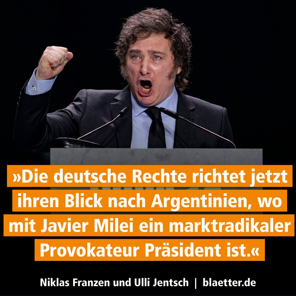 Javier Milei entwickelte sich schnell zum Posterboy der libertären Rechten. Die AfD hat ein zwiespältiges Verhältnis zu ihm. Doch mit anderen rechten Kräfte in #Lateinamerika ist sie gut vernetzt, wie <a href="/niklas_franzen/">Niklas Franzen</a> und <a href="/ulli_jentsch/">ulli jentsch</a> aufzeigen: blaetter.de/ausgabe/2024/j…