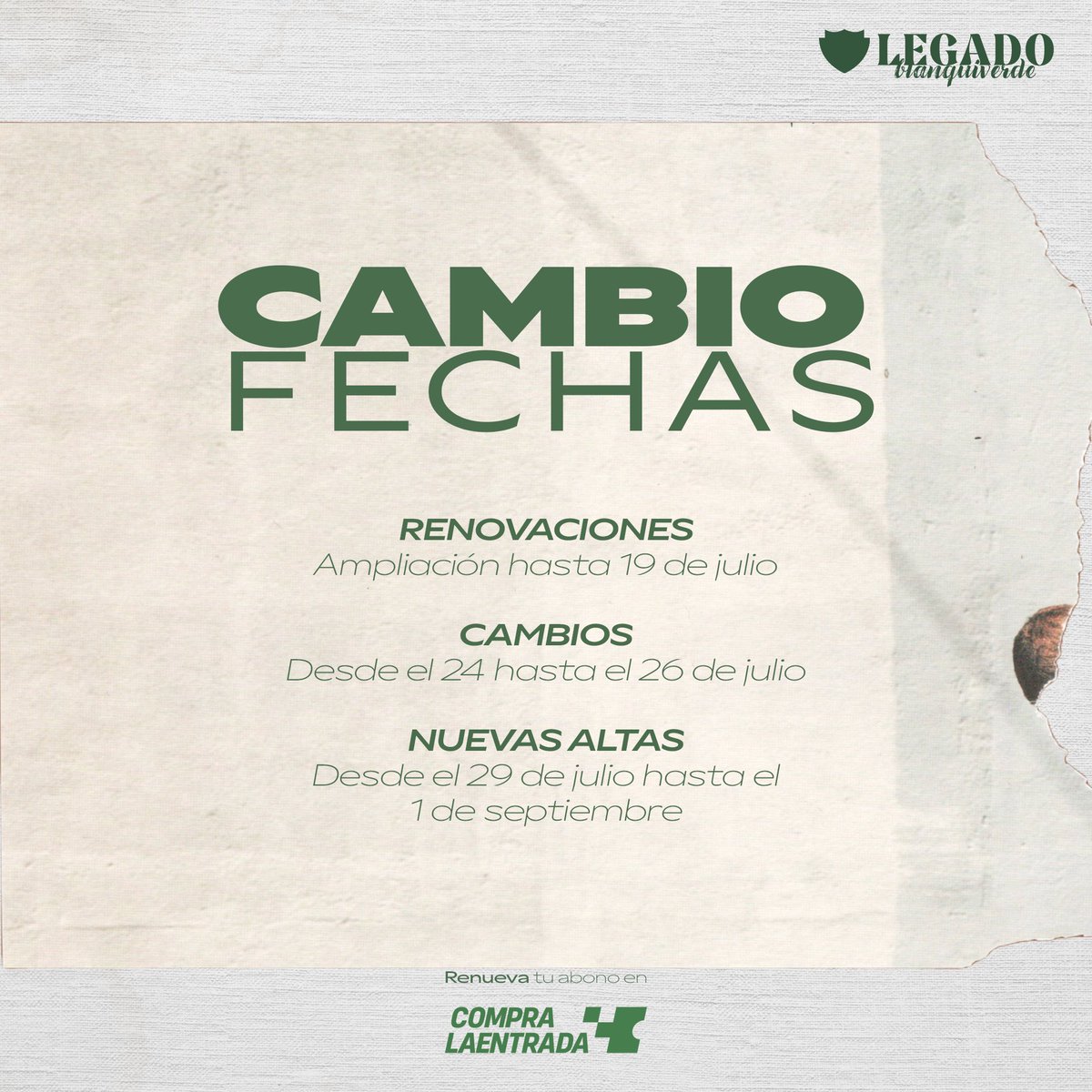 AntequeraCF's tweet image. ‼️ Debido a la alta demanda de renovaciones en los últimos días establecidos para ello y atendiendo la petición de muchos de nuestros abonados, el #AntequeraCF ha decidido prolongar el periodo, modificando así el resto de plazos de la campaña 2024-25.

#LegadoBlanquiverde 🤍💚