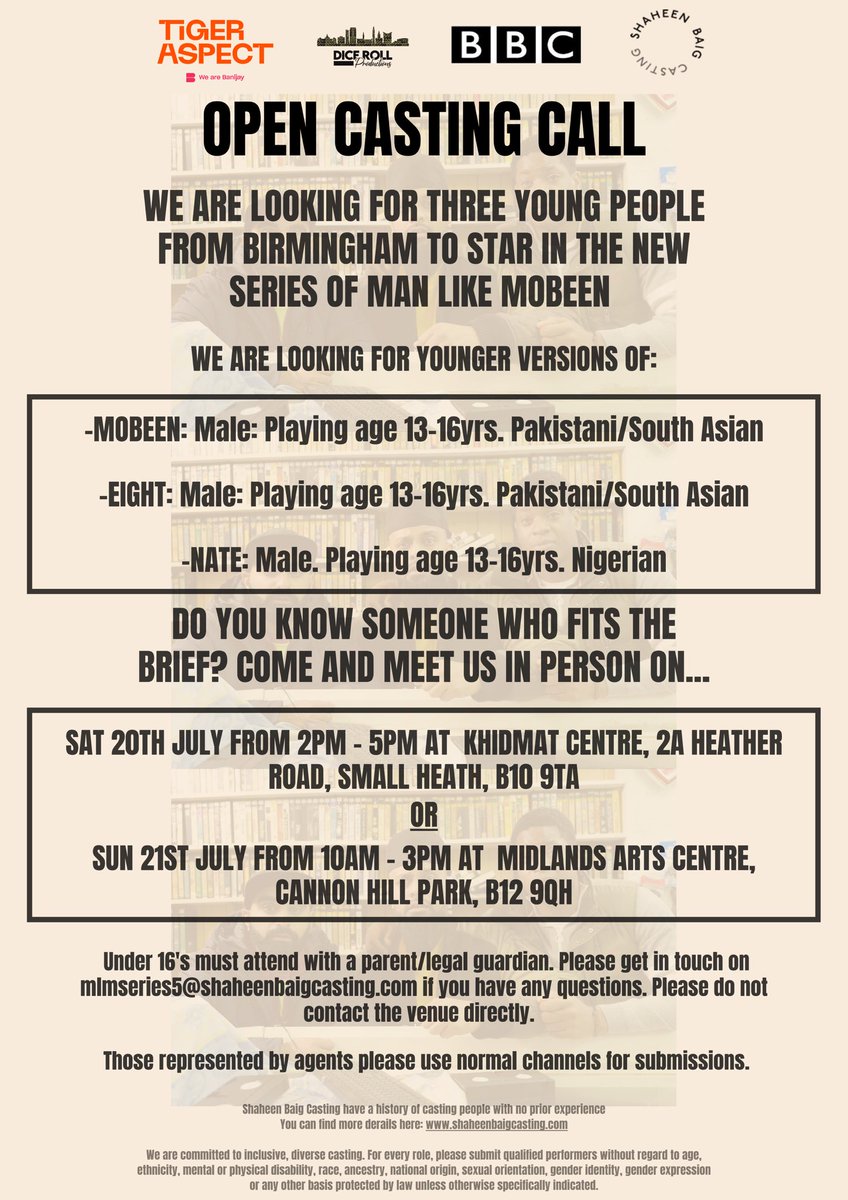 sbaigcasting's tweet photo. @BirminghamRep #MANLIKEMOBEEN fans we need you! #Birmingham open casting call for younger versions of Mobeen, Eight and Nate for the new series. Please read carefully and share 🔊 #guzkhan #Brum #Birmingham https://t.co/PVtnNhNnAR