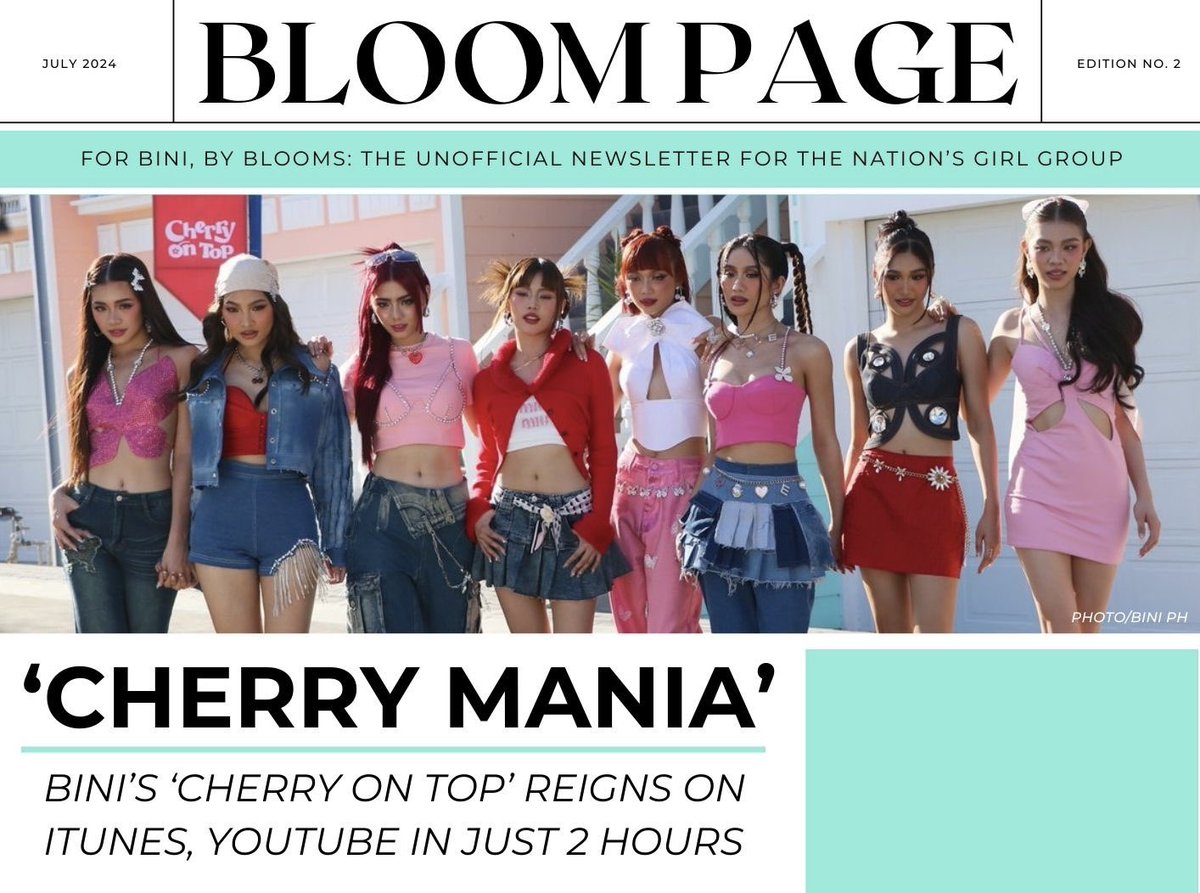 bini_writes's tweet photo. BLOOMPAGE
Edition 2 🔜
CHERRY MANIA: BINI’S CHERRY ON TOP REIGNS ON ITUNES, YT IN JUST 2 HOURS
Just waiting for official milestones to write and layout stories.
Will post a PDF for your own printing once out, #BLOOMS!
#BINI #BINI_CherryOnTop #CherryMania https://t.co/eSG8b9UqOQ