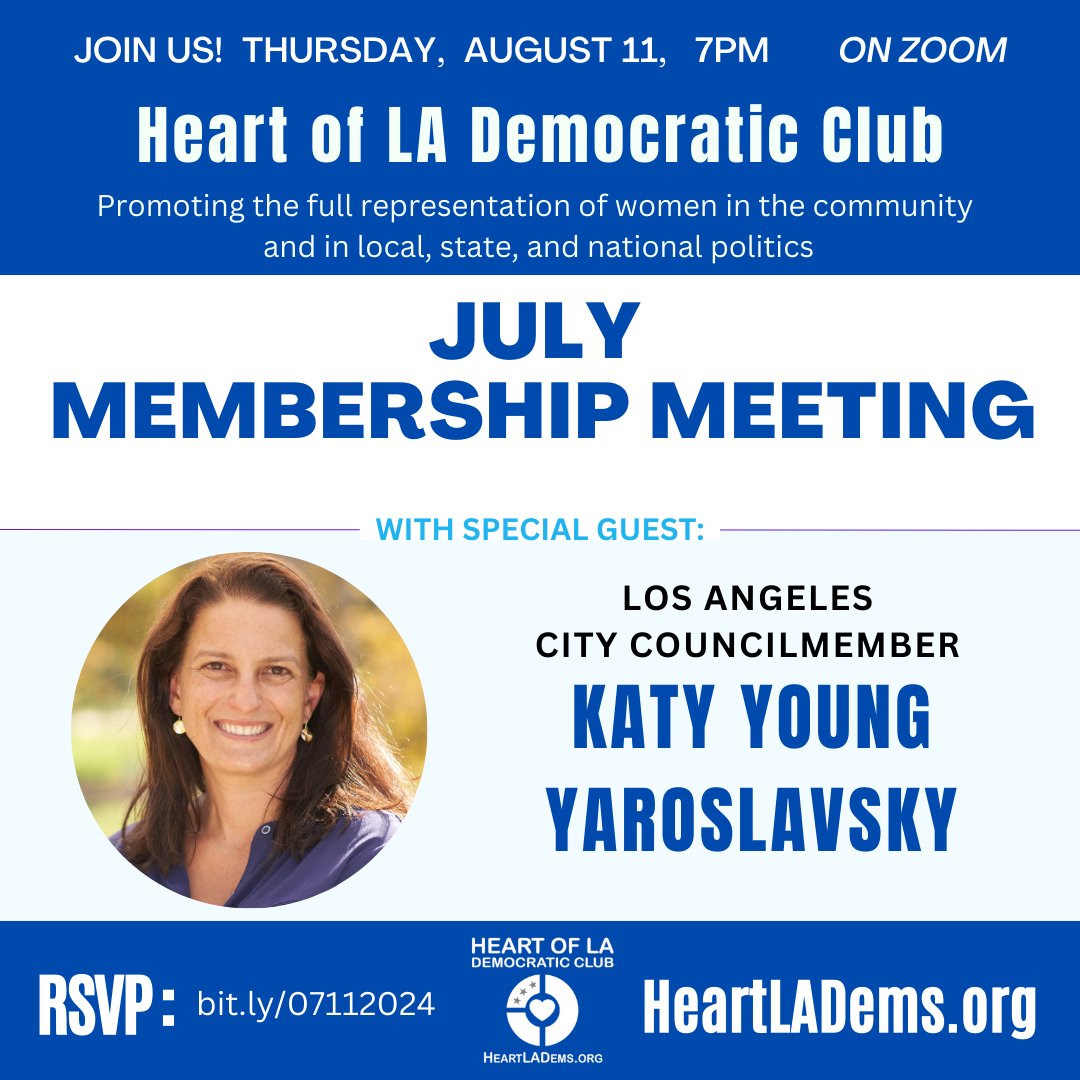 Tonight at 7pm (over Zoom) join us for our monthly membership meeting with special guest, LA City Councilmember Katy Yaroslavsky!

bit.ly/07112024

#Feminists #Democrats #WomenDoItAll
<a href="/katyforla/">Katy Yaroslavsky</a>
