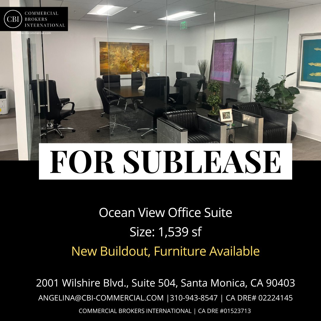 CBI_Commercial's tweet photo. Medical-use Spec. Suite For Sublease
π2001 Wilshire Blvd., Suite 504, Santa Monica, CA 90403
Contact Angelina Hagler at angelina@cbi-commercial.com or 310-943-8547 for pricing and availability.
#realestate #office #forsublease #losangelesrealestate #sublease https://t.co/HbDGV4atsy