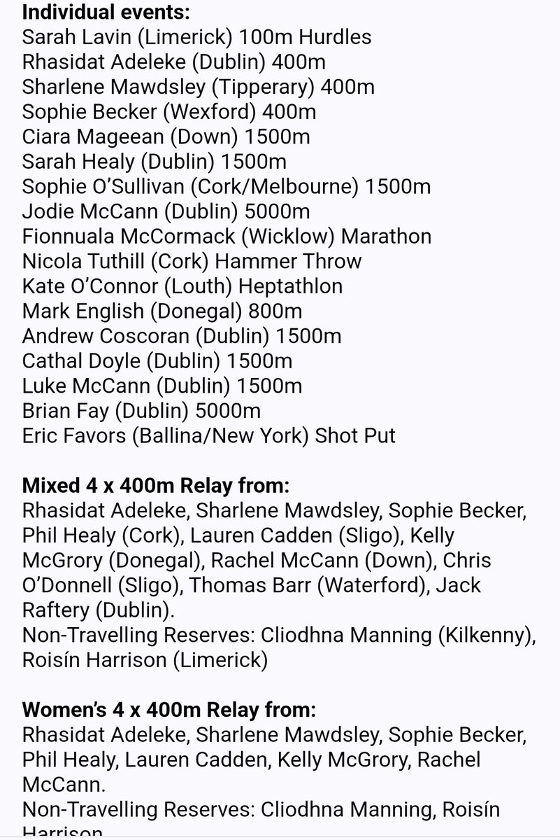 Irish athletics team is selected for Paris - 17 individuals plus two relays.