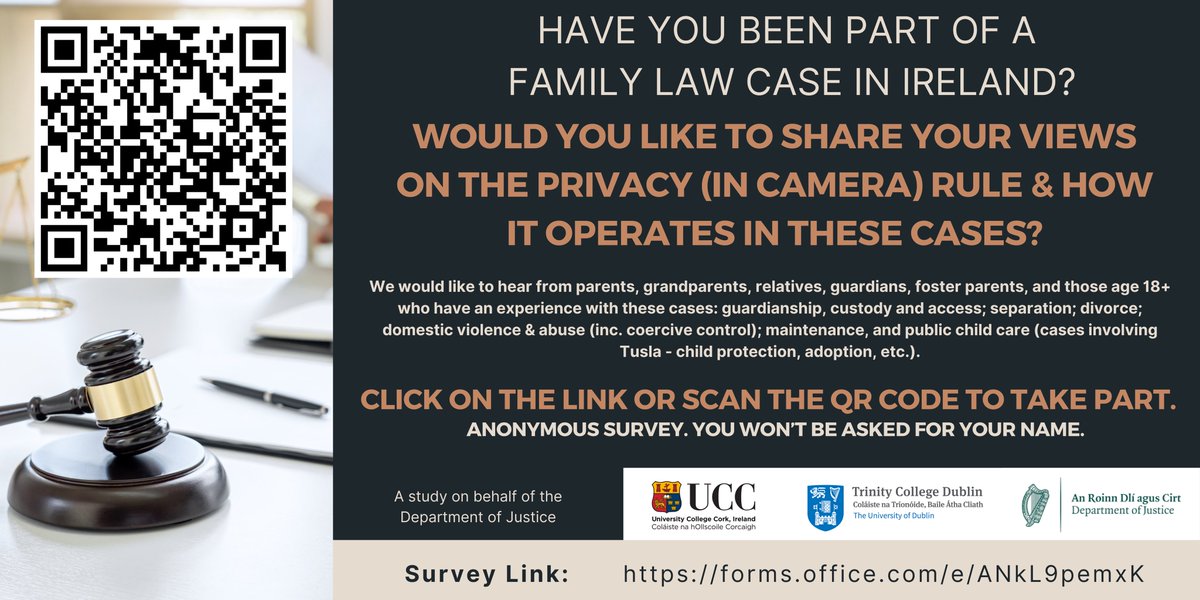 @UCCsocialwork (@uccsocialwork) on Twitter photo Very strong response to our survey on the privacy rule in Irish family law cases ⚖️ Participate & share your experiences of the “in camera” rule ➡️ forms.office.com/e/ANkL9pemxK
<a href="/AislingParkes/">Aisling Parkes</a> <a href="/McCaughrenS/">Simone McCaughren</a> <a href="/SWSP_TCD/">SWSP_TCD</a> <a href="/UCCResearch/">UCC Research</a> <a href="/jfcryan/">John F. Cryan</a> <a href="/CACSSSResearch1/">CACSSS - Research</a> <a href="/DeptJusticeIRL/">Department of Justice, Home Affairs and Migration</a> Very strong response to our survey on the privacy rule in Irish family law cases ⚖️ Participate & share your experiences of the “in camera” rule ➡️ forms.office.com/e/ANkL9pemxK
<a href="/AislingParkes/">Aisling Parkes</a> <a href="/McCaughrenS/">Simone McCaughren</a> <a href="/SWSP_TCD/">SWSP_TCD</a> <a href="/UCCResearch/">UCC Research</a> <a href="/jfcryan/">John F. Cryan</a> <a href="/CACSSSResearch1/">CACSSS - Research</a> <a href="/DeptJusticeIRL/">Department of Justice, Home Affairs and Migration</a>