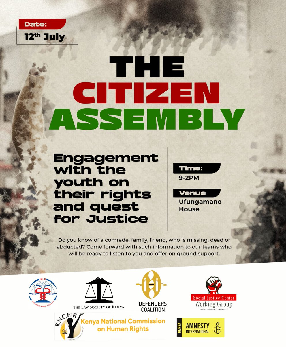 Why would you miss this engagement? While it's for us,by us ,for us!
#TheCitizenAssembly
<a href="/DefendersKE/">@Defenders Coalition 🇰🇪</a>
@ForKorogocho 
<a href="/UhaiWetu/">Social Justice Centres Working Group</a> 
<a href="/IMLU_org/">IMLU</a> 
<a href="/HakiKNCHR/">KNCHR</a> 
<a href="/amnesty/">Amnesty International</a> 
<a href="/LawSocietyofKe/">Law Society of Kenya</a>