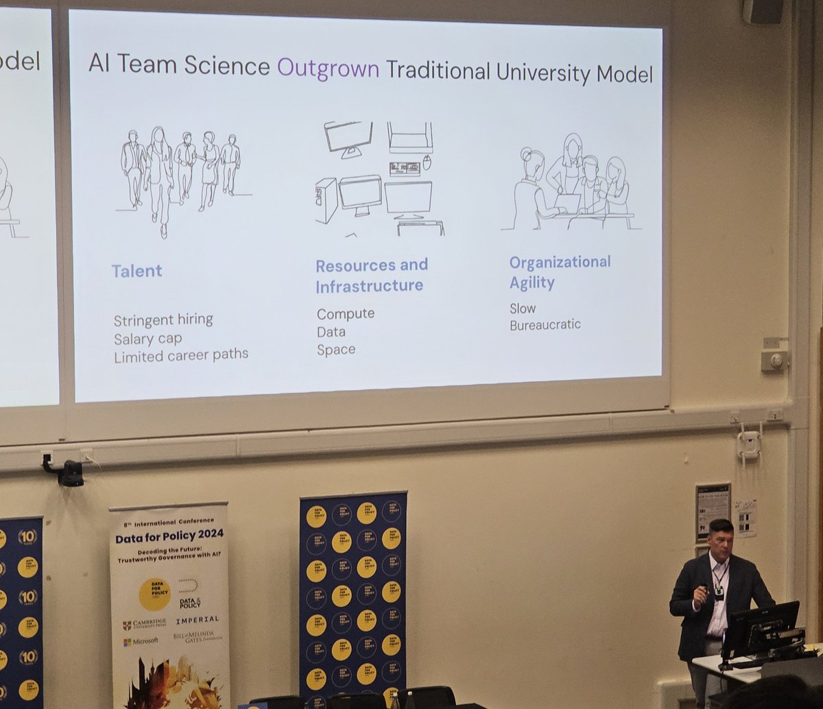 Why frontier AI BELONGS in Academia? But government alone will not save the academy! Thought provoking talk by <a href="/russellwald/">Russell Wald</a> from <a href="/StanfordHAI/">Stanford HAI</a>  at <a href="/Data_and_Policy/">Data & Policy</a> conference. Is Academia in a position to lead the ongoing societal and technological transition? #dataforpolicy2024