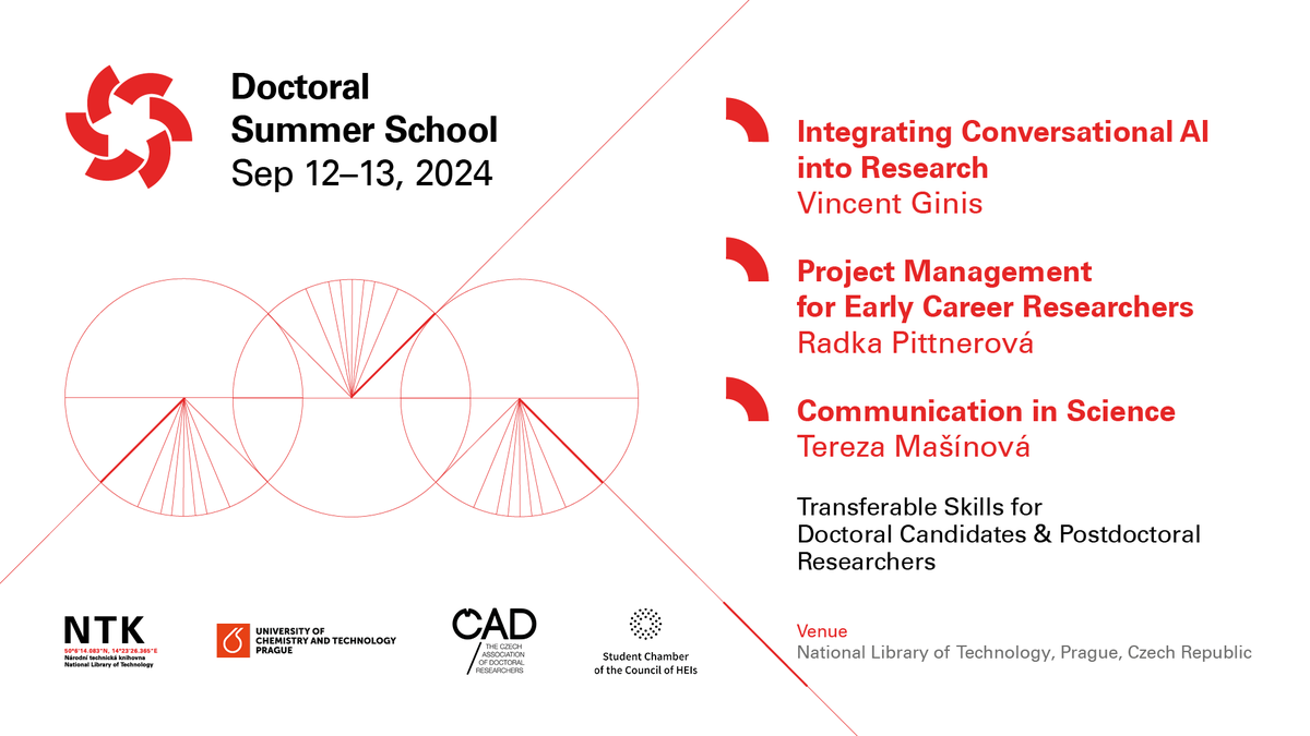 ntkcz's tweet photo. Zveme vás na #NTK #DoctoralSummerSchool 👩‍🔬 12.–13. září 2024. Více informací o workshopech pro začínající výzkumníky a přihlašování naleznete na webu 🔗 https://t.co/Ri2kcoIG6M. https://t.co/ndyGDMUDcP