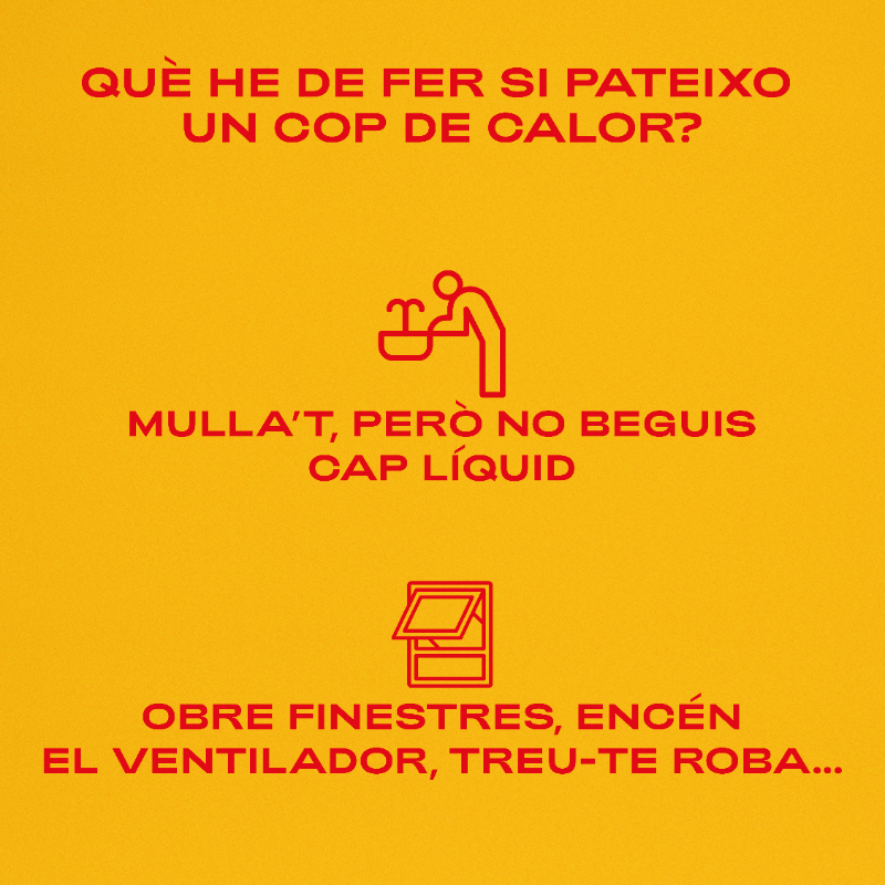 salutcat's tweet photo. ⚠ Si pateixes un cop de calor:

📱 Truca al 061/Salut respon immediatament.

💨 Trasllada't a una zona amb ombra, obre finestres i encén el ventilador.

💦 Mulla't, però NO beguis líquid.

Com reconèixer un cop de calor? 👇