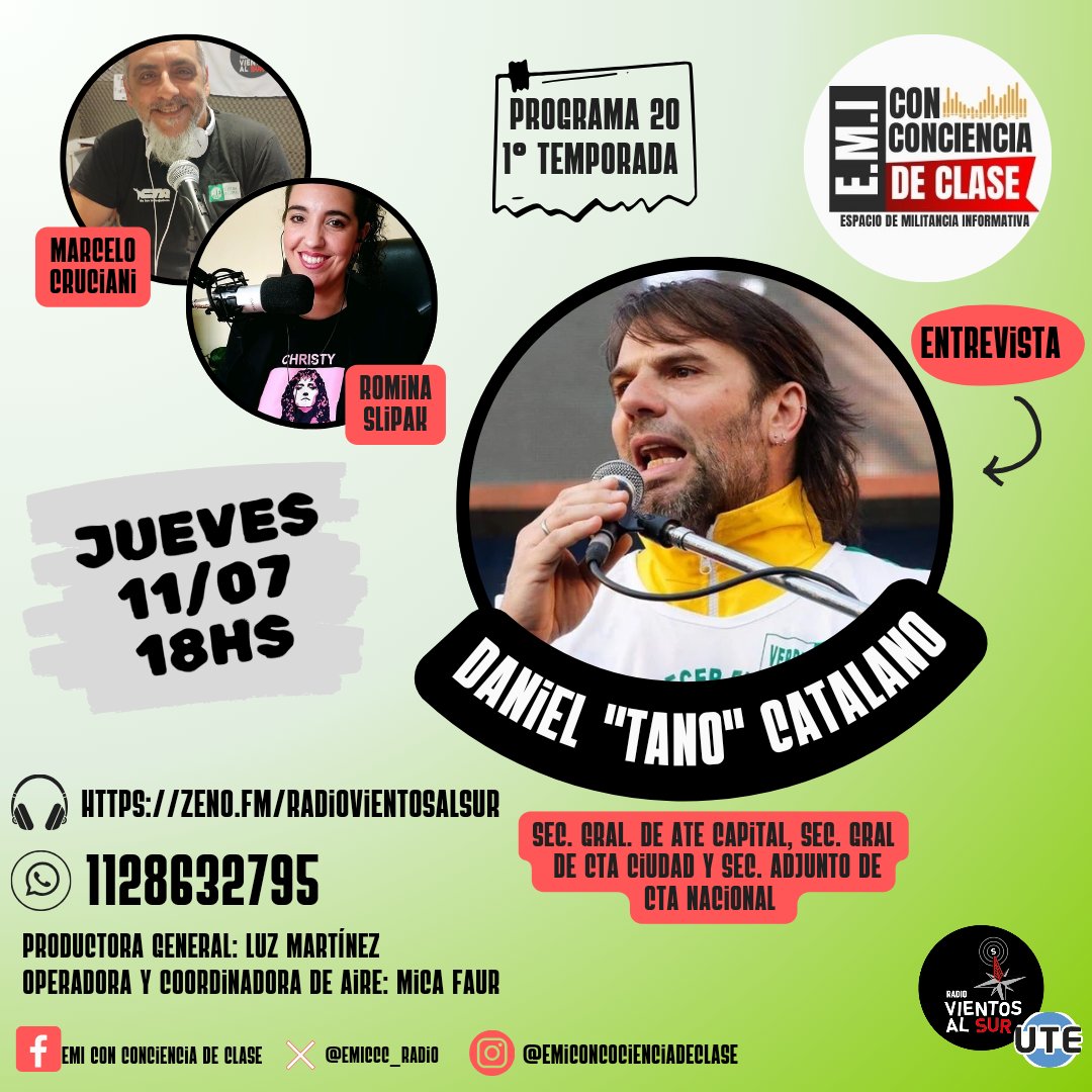 🖤 #Hoy, #jueves, desde las 18hs por @radiovientosalsur 📻
❤️Link para escucharnos en vivo 
zeno.fm/RadioVientosAl…
🧡#EMI #EspacioDeMilitanciaInformativa
🤍#ConConcienciaDeClase

#RadioEnVivo #trabajadores #represión #LeyBases #Ajuste #despidos #actualidad #entrevista #radio