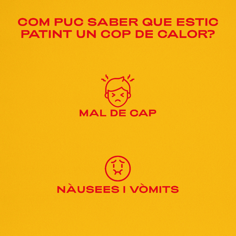 salutcat's tweet photo. ⚠ Si pateixes un cop de calor:

📱 Truca al 061/Salut respon immediatament.

💨 Trasllada't a una zona amb ombra, obre finestres i encén el ventilador.

💦 Mulla't, però NO beguis líquid.

Com reconèixer un cop de calor? 👇