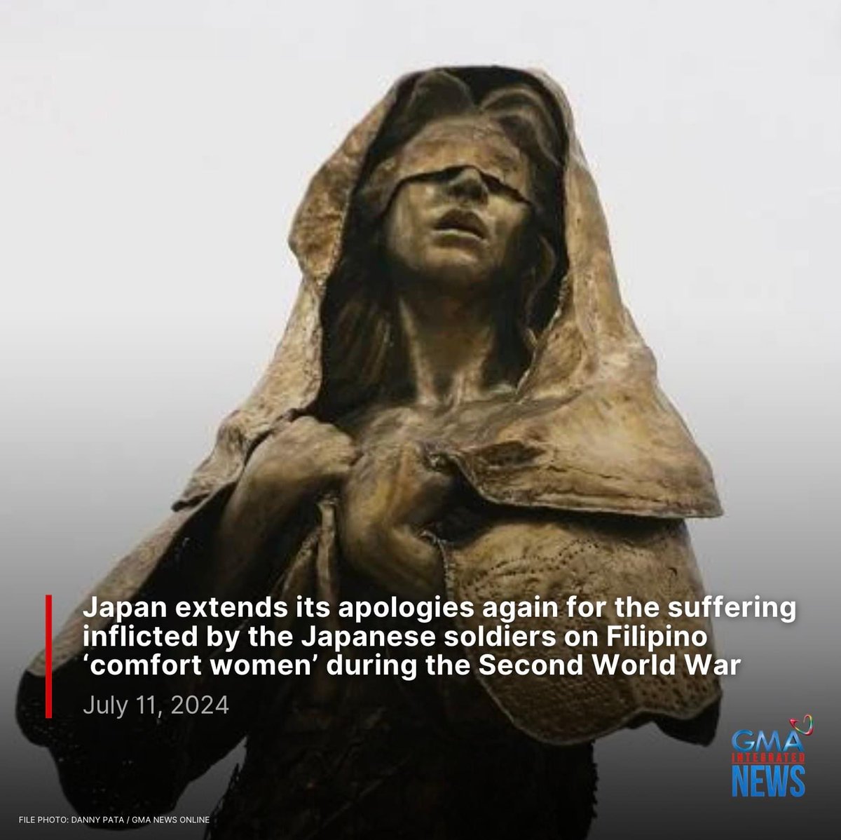 gmanews's tweet photo. Japan once again extended its apologies for the suffering inflicted by the Japanese soldiers on Filipino “comfort women” during the Second World War.

Read more: https://t.co/nzAhKMTCyB https://t.co/oEDjfa7Bnp