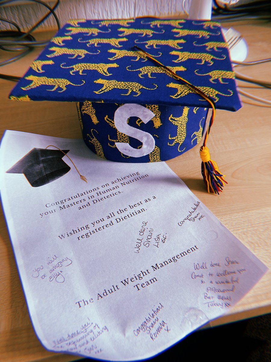 5 days til Graduation with <a href="/dietetics_met/">Nutrition and Dietetics at Cardiff Met</a> 

Feel so blessed to have finished my placement with the loveliest AWMS team at  <a href="/AneurinBevanUHB/">Aneurin Bevan University Health Board</a> and now working with them too! 

I wish I could wear this cap to graduation 😂🐆❤️
