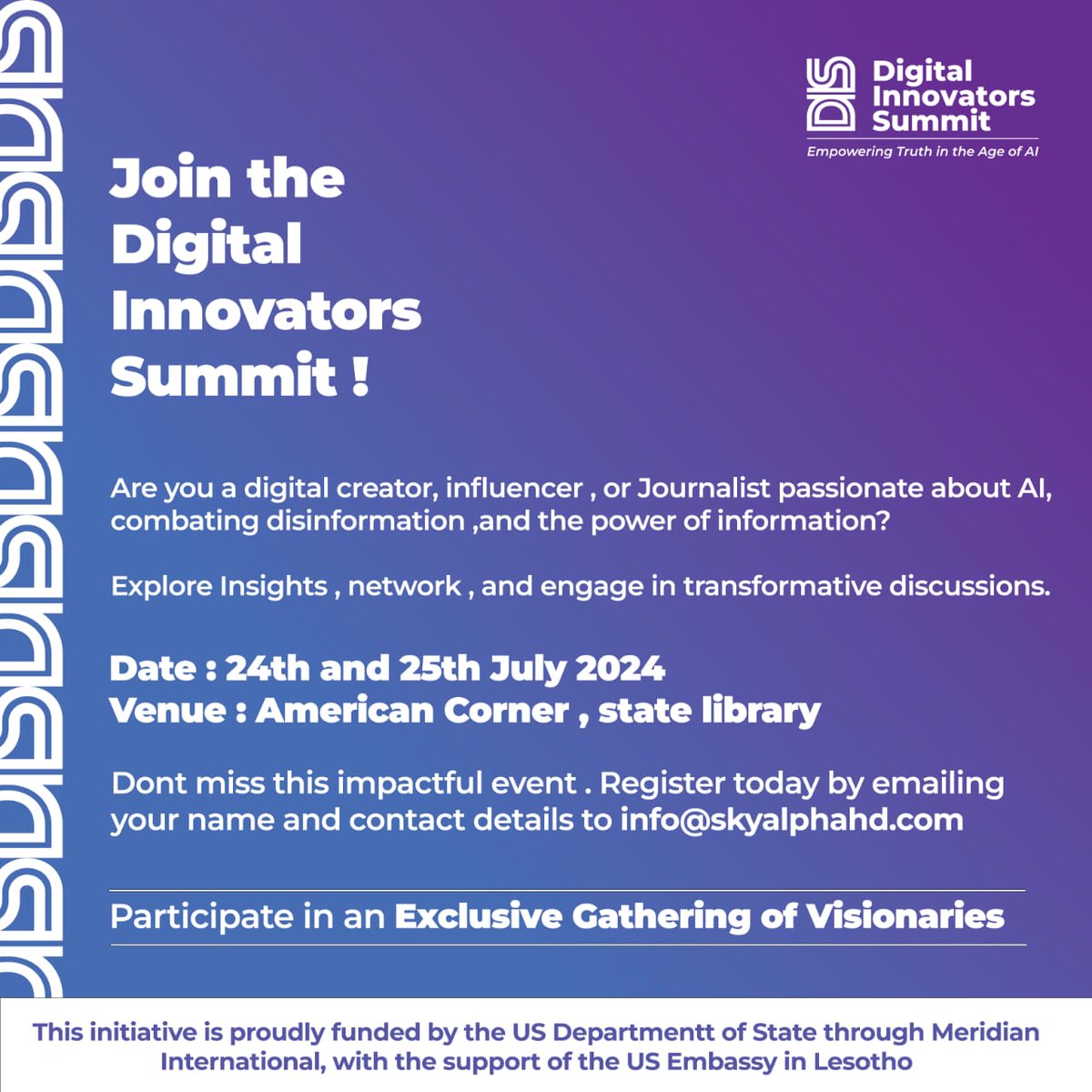 Calling all content creators, influencers, and digital journalists passionate about AI, combating disinformation, and the power of information.

Join the Digital Innovators Summit on July 24th and 25th, 2024, at the American Corner, State Library! 

Register today!!!