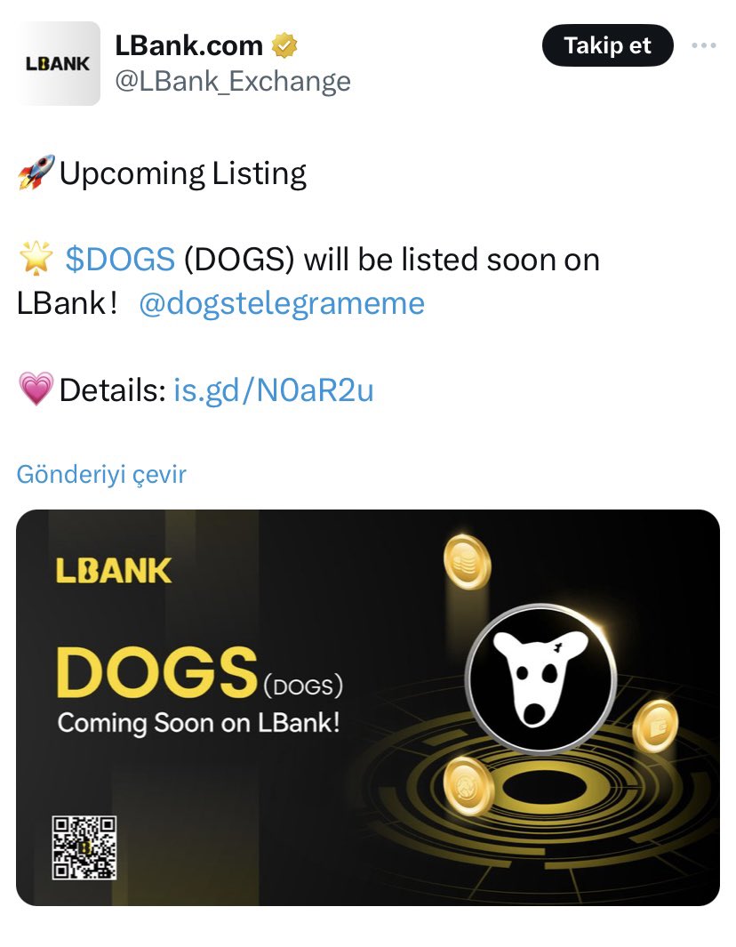 Dün paylaştığım $DOGS Yakında listeleniyor ilk listeleme haberi Lbank’tan geldi.🪂

Sadece 1 Dakikanızı ayırarak Telegram kullanımınıza göre kaç Dogs kazandığınızı kontrol edin.

👉Link: t.me/dogshouse_bot/…

Yoruma Linkinizi bırakabilirsiniz.