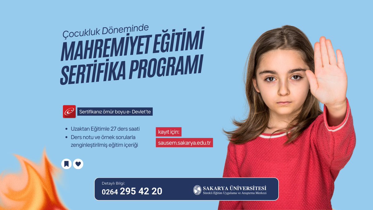 Çocukluk Döneminde Mahremiyet Eğitimi Sertifika Programı

📌Sertifikanız ömür boyu e-Devlet'te

• Uzaktan Eğitimle 27 ders saati
• Ders notu ve örnek sorularla
zenginleştirilmiş eğitim içeriği

Eğitmen: Öğr. Gör. Özlem BOZYER

Detaylar ve kayıt: bit.ly/3VWOyHv