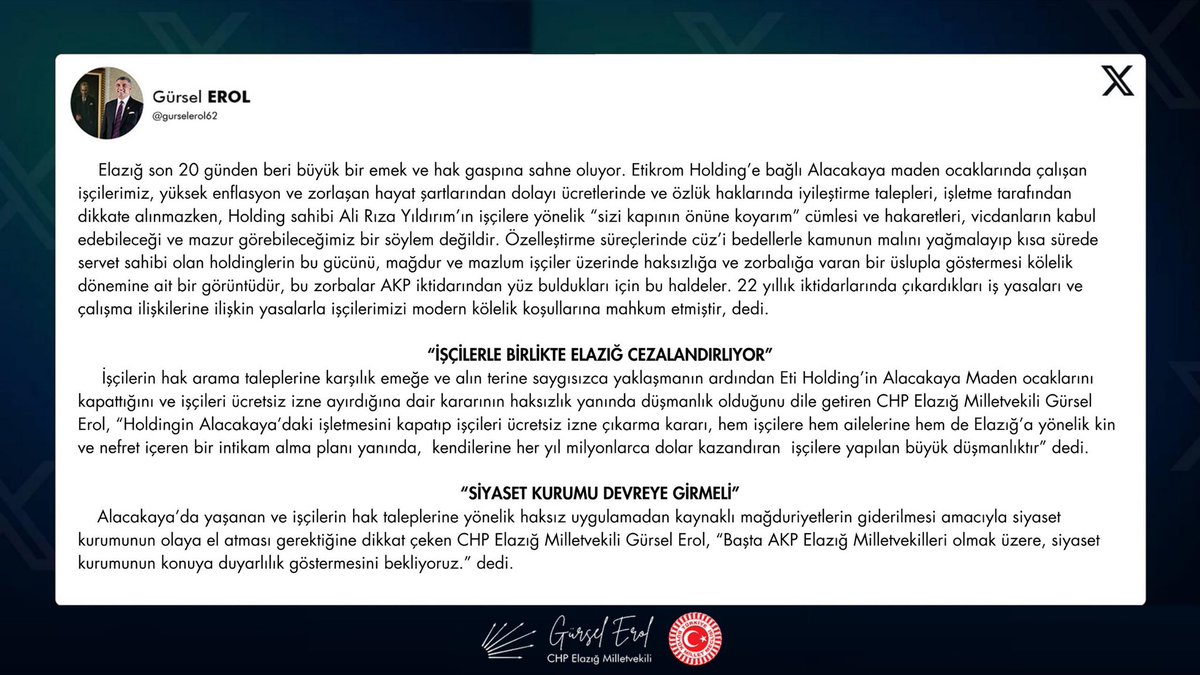 Kamunun malıyla kısa sürede servet sahibi olup, kendilerini bu konuma getiren gariban işçilere “sizi kapının önüne koyarım” tehdidini savuran ETİ Holding sahibi Ali Rıza Yıldırım’ın üslup ve tarzı, kendisine yakışmadığı gibi emeğe saygısızlık, işçilere vefasızlıktır. 

Yapılan