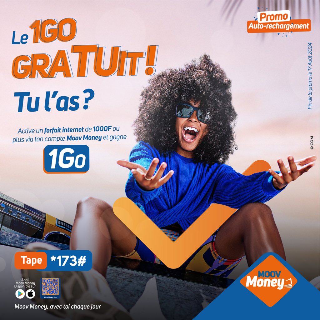 MoovAfricaBenin's tweet image. 1 GO GRATUIT, ça te dit ? 🎉

Recharge ou active tes forfaits via Moov Money à partir de 1.000 F et reçois 1 Go d’internet en bonus ! C’est chic, c’est cool, et c’est pour toi !

EYA ! Wlan *173# bo ɖu vivi tɔn 

#MoovMoney
#AvecToiChaqueJour