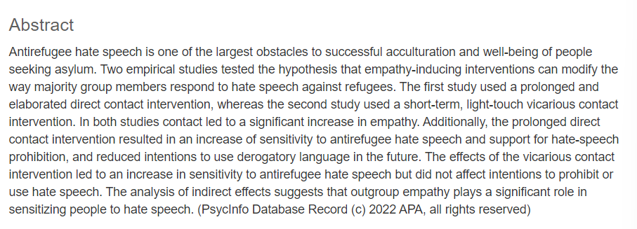 PAC_journal's tweet photo. Have you read the #MostCited article for Peace and Conflict, 2023? 👏👏👏

Brilliant work by Soral, Malinowska, and Bilewicz.

"The Role of Empathy in Reducing Hate Speech Proliferation. Two Contact-Based Interventions in Online and Off-line Settings” 

👇
https://t.co/LIkrhsMEAX https://t.co/jxlLjjCJDz