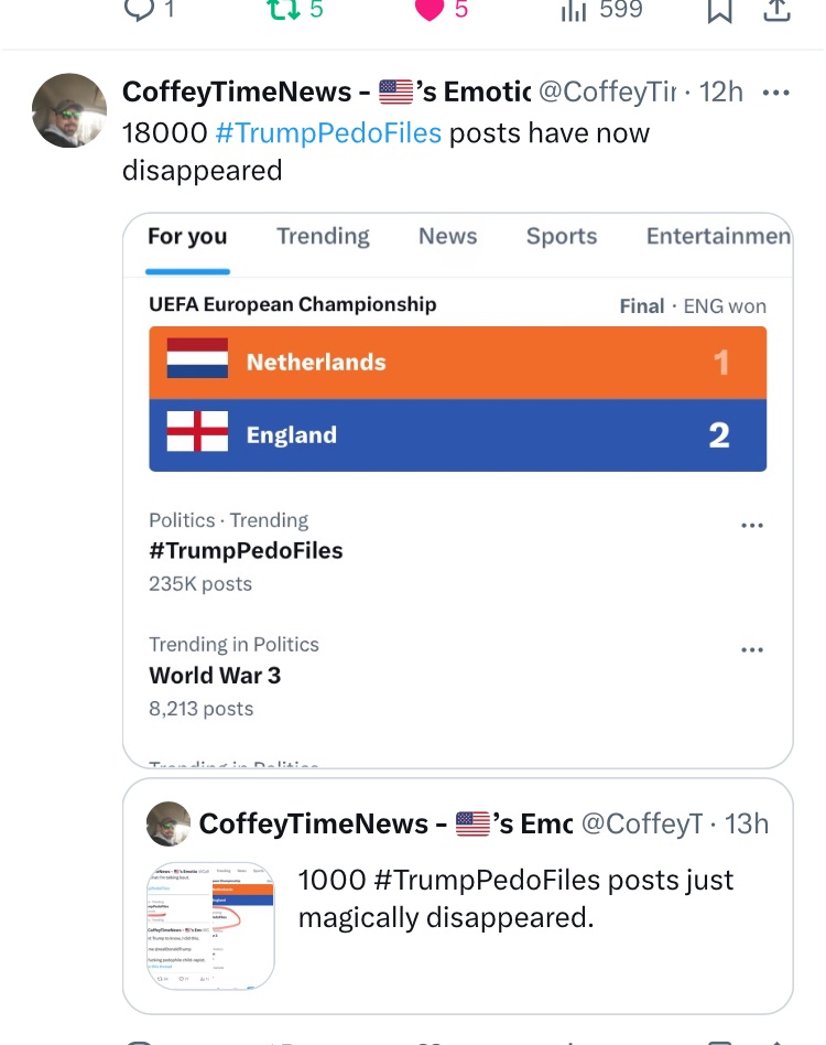 As I was saying..

Elon is purging #TrumpPedoFiles posts from Twitter.