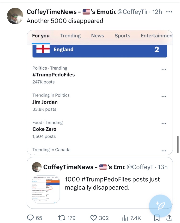 CoffeyTimeNews's tweet photo. As I was saying..

Elon is purging #TrumpPedoFiles posts from Twitter. https://t.co/EyKKsyIJK4