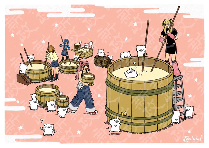 日本酒「新政酒造」()2024年12月分のカレンダーの絵柄担当しましたぶたさんと女の子たちが協力してお酒を作ってるんじゃ 