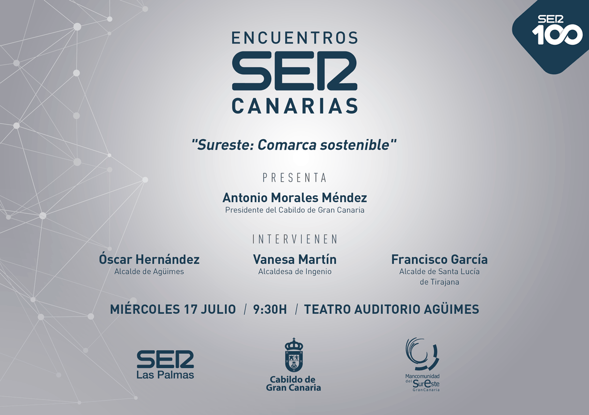 🟨Encuentro SER Canarias
➡️Sureste:Comarca sostenible

La apuesta de los municipios del sureste por las energías renovables marcan un compás de futuro en Gran Canaria

🗣️<a href="/AMoralesGC/">Antonio Morales</a>
🗣️<a href="/oscarhdezsuarez/">Óscar Hernández</a>
🗣️<a href="/Franciscogarnc/">Francisco García López 🇮🇨</a>
🗣️Vanesa Martín

📍Teatro Auditorio de Agüimes
📅17/07
⏰9:30