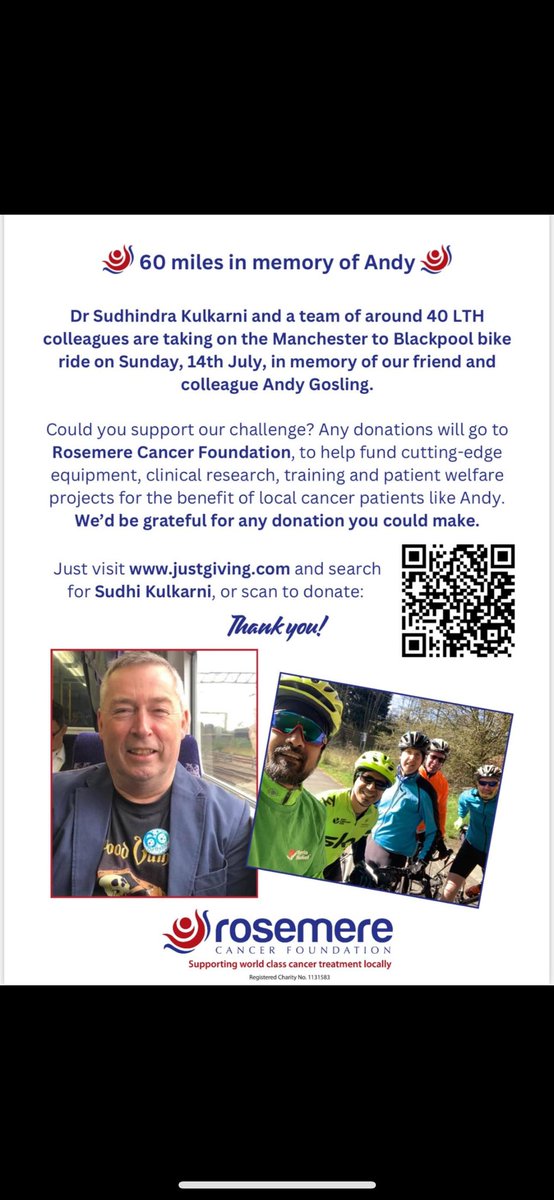 Critical Care LTHTR (@critcarelthtr) on Twitter photo On Sunday, <a href="/coolmacha81/">Sudhi Kulkarni</a> and a team of our consultants are riding 60miles from Manchester to Blackpool to raise money for <a href="/RosemereCF/">Rosemere Cancer Foundation</a> in memory of our lovely friend and colleague Andy. Any donations gratefully recieved! Go on the Lycra brigade!! 🚲 💙💚 On Sunday, <a href="/coolmacha81/">Sudhi Kulkarni</a> and a team of our consultants are riding 60miles from Manchester to Blackpool to raise money for <a href="/RosemereCF/">Rosemere Cancer Foundation</a> in memory of our lovely friend and colleague Andy. Any donations gratefully recieved! Go on the Lycra brigade!! 🚲 💙💚
