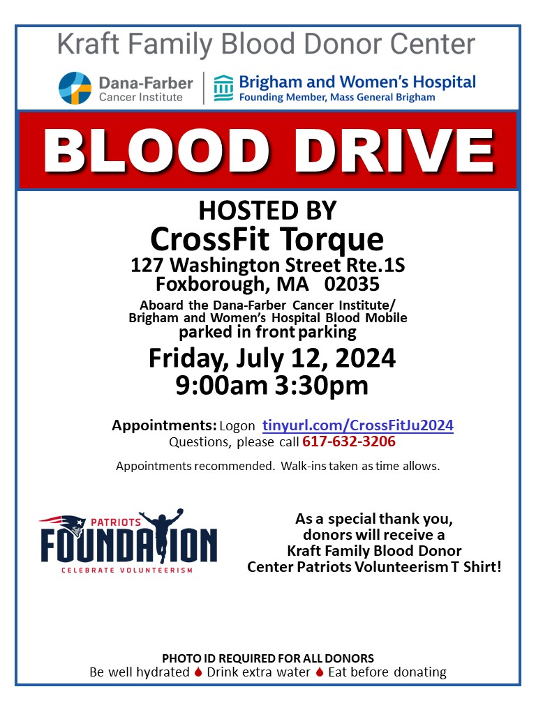 📷
Kraft Family Blood Donor Center
<a href="/KraftBloodDonor/">Kraft Family Blood Donor Center</a>

The Kraft Center #BloodMobile will be traveling to Foxboro, Friday, July 12, 2024. Stop by this fantastic blood drive and #BeAHero for our patients at  Dana-Farber and Brigham Women's #donateKraftFamily #BloodDonorCenter