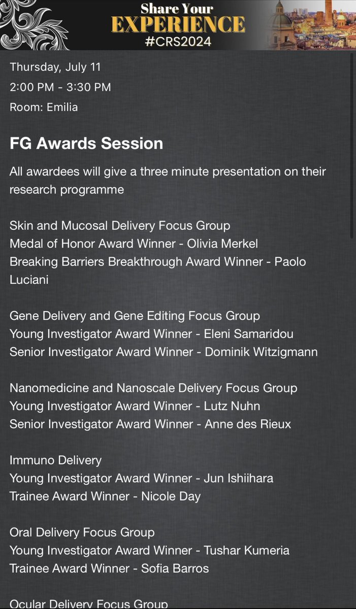 CRS Oral Delivery Focus Group (@crs_fg_oral) on Twitter photo Congratulations to the CRS Oral Deliver Focus Group Young Investigator Award Winner Tushar Kumaria <a href="/TKumeria/">Dr. Tushar Kumeria</a> and Trainee Award Winner Sofia Barros <a href="/i3S_UPorto/">i3S-Instituto de Investigação e Inovação em Saúde</a> Please join us in Room Emilia #CRS2024 at 2pm for their presentations! <a href="/CRSScience/">Controlled Release Society</a> Congratulations to the CRS Oral Deliver Focus Group Young Investigator Award Winner Tushar Kumaria <a href="/TKumeria/">Dr. Tushar Kumeria</a> and Trainee Award Winner Sofia Barros <a href="/i3S_UPorto/">i3S-Instituto de Investigação e Inovação em Saúde</a> Please join us in Room Emilia #CRS2024 at 2pm for their presentations! <a href="/CRSScience/">Controlled Release Society</a>