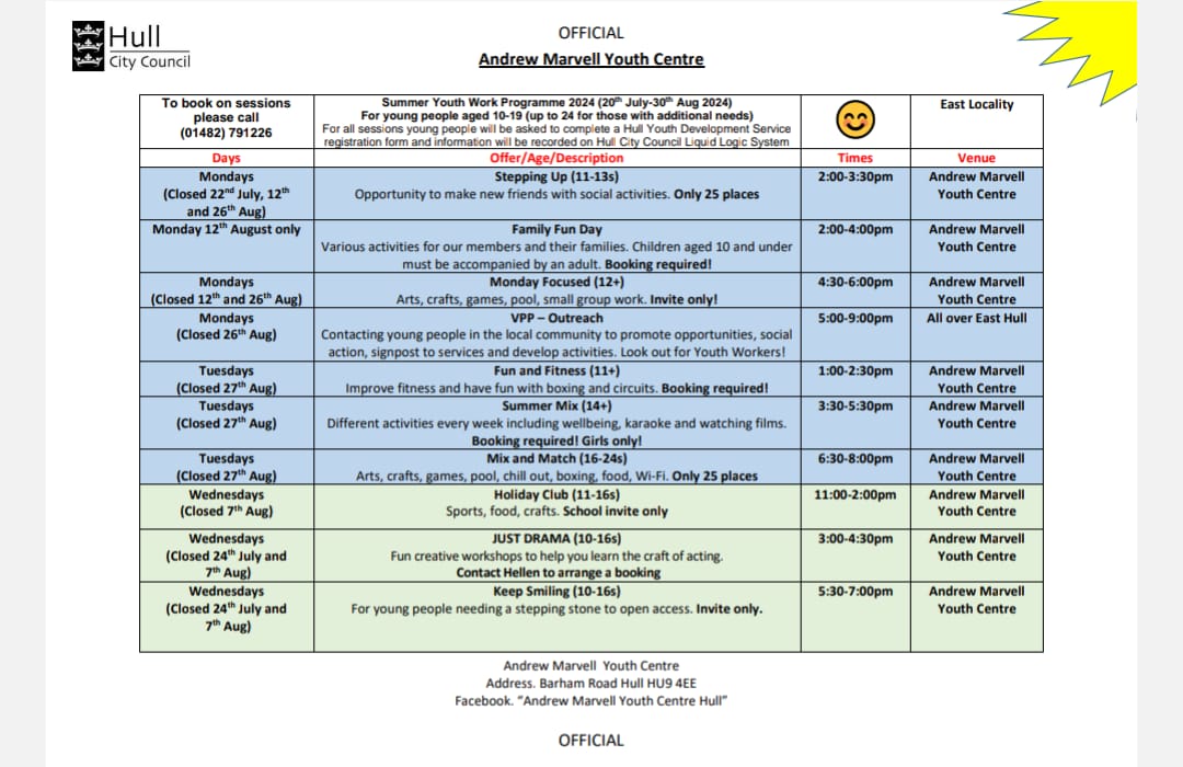MarvellHull's tweet photo. Please see attached our Summer Programme which will go LIVE on 20/7/24. Please promote to young people aged 10-19(up to 24 for those with additional needs). To book onto specific activities please call (01482)791226. Thanks 👍 #summer2024 #HAF2024 https://t.co/0vE3wGitUf