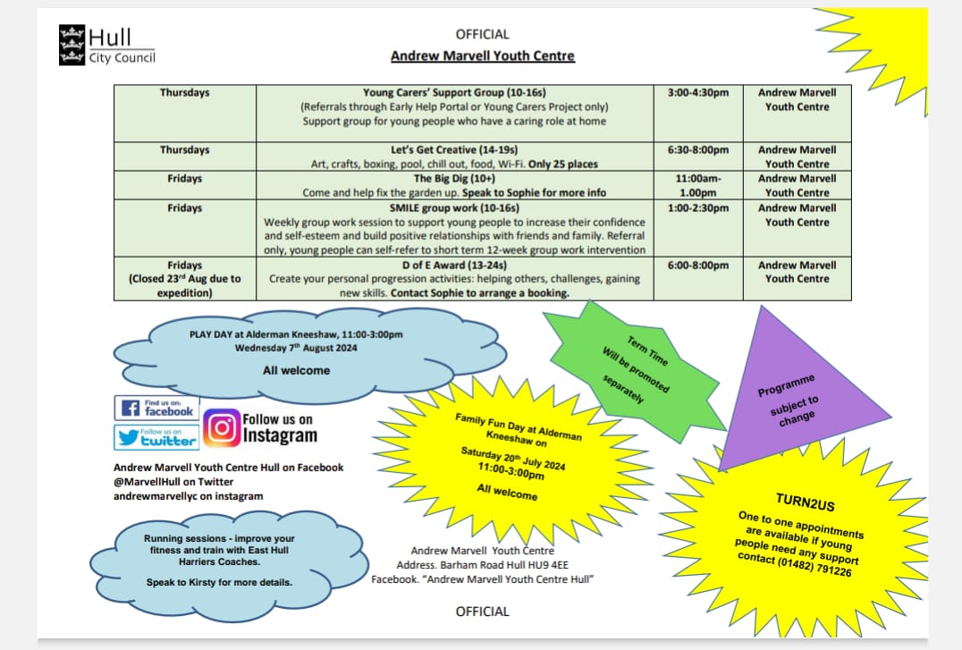 Please see attached our Summer Programme which will go LIVE on 20/7/24. Please promote to young people aged 10-19(up to 24 for those with additional needs). To book onto specific activities please call (01482)791226. Thanks 👍 #summer2024 #HAF2024