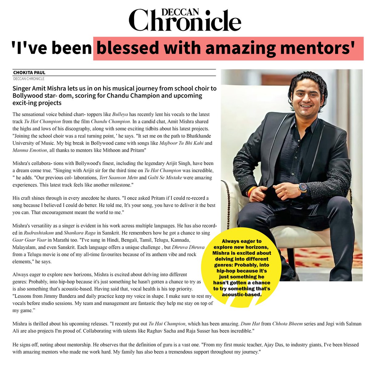 Amit Mishra (@_amitmishra_) on Twitter photo Huge gratitude for <a href="/DeccanChronicle/">Deccan Chronicle</a> for posting this Article! Feeling incredibly blessed to have had such amazing mentors guide me on this musical journey. Their support means the world!
Much love and respect to all my Respected Mentors 🙏🏻
Special thanks to <a href="/PaulChokita/">Chokita Paul</a> 🙂❤️🙏🏻 Huge gratitude for <a href="/DeccanChronicle/">Deccan Chronicle</a> for posting this Article! Feeling incredibly blessed to have had such amazing mentors guide me on this musical journey. Their support means the world!
Much love and respect to all my Respected Mentors 🙏🏻
Special thanks to <a href="/PaulChokita/">Chokita Paul</a> 🙂❤️🙏🏻