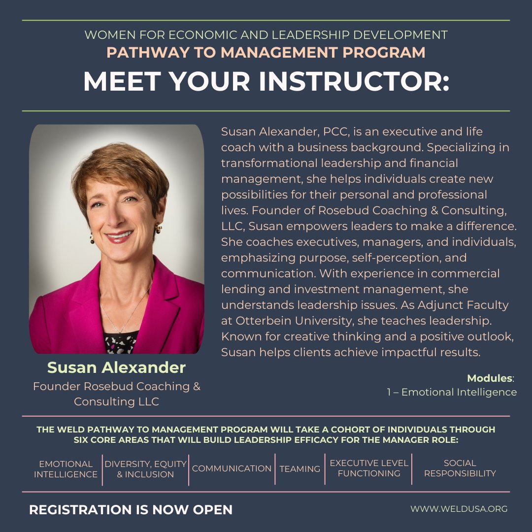 Have you registered for the WELD Pathway to Management program? Meet one of your incredible instructors, Susan Alexander! Stay tuned as we introduce the rest of our PMP Virtual Cohort instructors. Learn more about our program here: ow.ly/so6Z50SzbGt