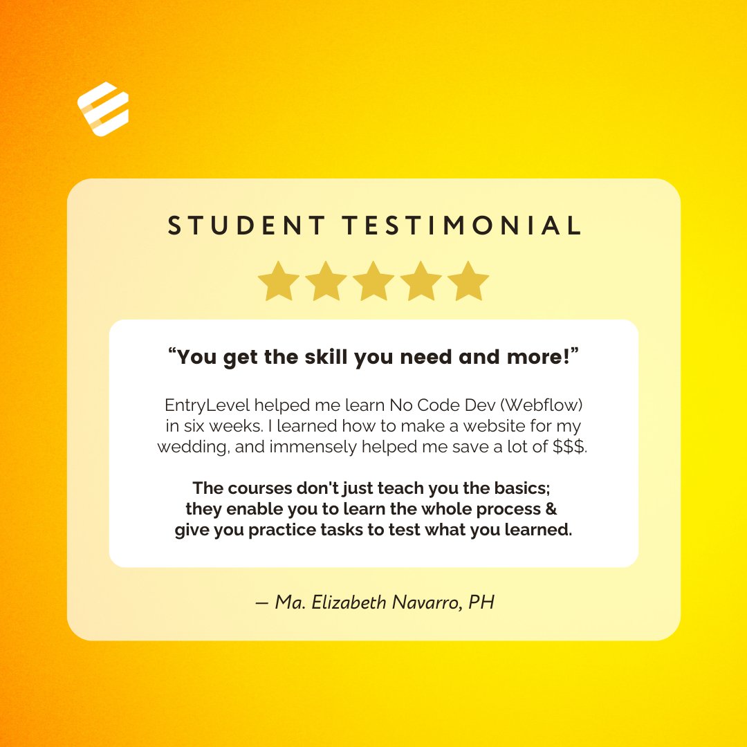 EntryLevelNet's tweet image. One of our students, Elizabeth, saved big on her wedding costs by learning how to build a no-code website in just 6 weeks with our Frontend Web Developer course!
Our courses offer practical tasks to ensure you truly master the skills.
Enroll now:
👉 entrylevel.net