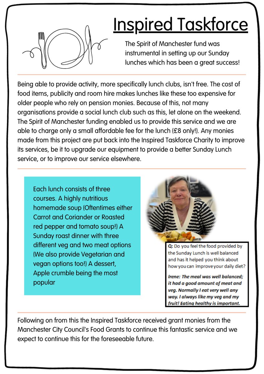 Manchester Community Central (@mcrcommcentral) on Twitter photo The 2023 #SpiritOfMcr grant allowed Inspired Taskforce (<a href="/InspTaskForce/">Inspired Task Force</a>) to provide delicious Sunday Lunch services to older people within the community for an affordable price.
Find out more about #SpiritStories: manchestercommunitycentral.org/whats-happenin… The 2023 #SpiritOfMcr grant allowed Inspired Taskforce (<a href="/InspTaskForce/">Inspired Task Force</a>) to provide delicious Sunday Lunch services to older people within the community for an affordable price.
Find out more about #SpiritStories: manchestercommunitycentral.org/whats-happenin…