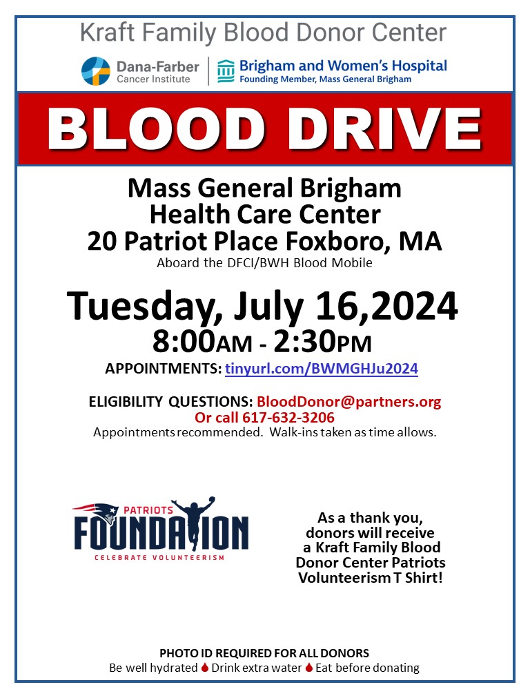 The Kraft Center #BloodMobile will be traveling to Foxboro, Tuesday, July 16, 2024. Stop by this fantastic blood drive and #BeAHero for our patients at  Dana-Farber and Brigham Women's #donateKraftFamily #BloodDonorCenter