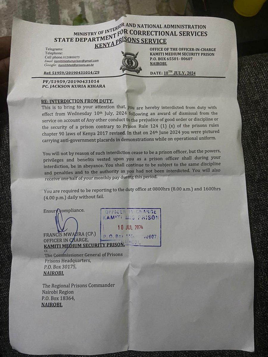 bonifacemwangi's tweet image. Prison Constable John Kuria Kihara has been interdicted from duty effective 10th July 2024 by @PrisonsKe. @CopShakur is a prison warden based at Kamiti Medium Security Prison. #RustMustGo