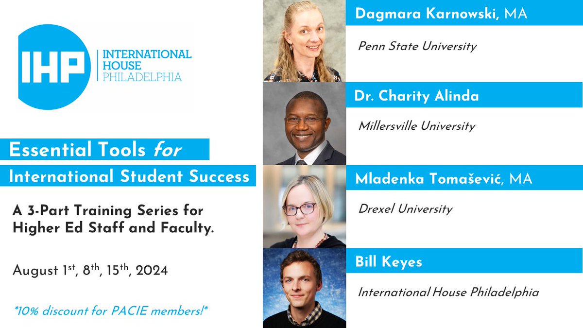 PACIEglobal's tweet photo. Welcome aboard to 2024-2025 PACIE Global Learning Champion @ihousephilly, whose work we are excited to spotlight here!

IHP &amp; experts from 3 PA universities are presenting a training series for higher ed staff &amp; faculty. BONUS: PACIE members get a 10% discount! https://t.co/QyqOB0c03w