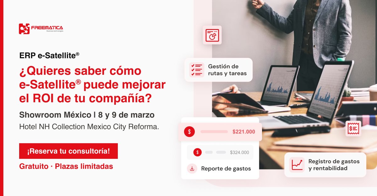 Freematica's tweet photo. ¿Quieres maximizar el rendimiento de tu empresa? Optimiza tu inversión con el ERP e-Satellite® de Freematica. Nuestra solución integral está diseñada para transformar tus operaciones, reducir ineficiencias y potenciar tu ROI.
Con e-Satellite®, podrás: https://t.co/mcog2On1vh
