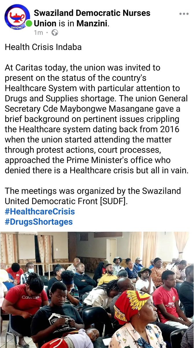 swadnu's tweet photo. Health Crisis Indaba!

The Union today was part of the Health Crisis Indaba organized by the Swaziland United Democratic Front [SUDF] @Caritas Manzini. The union General Secretary Cde Maybongwe Masangane gave hardships realities on shortages of Drugs. 
#HealthcareForAll https://t.co/Pbcb1M7Eyf