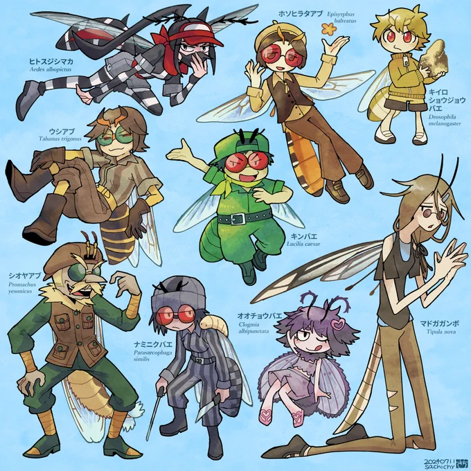 ハエハンドブックを(ひと月ぐらい前に)買ったので、ハエのなかまのキャラを色々描きました。#ごぶたま図録 