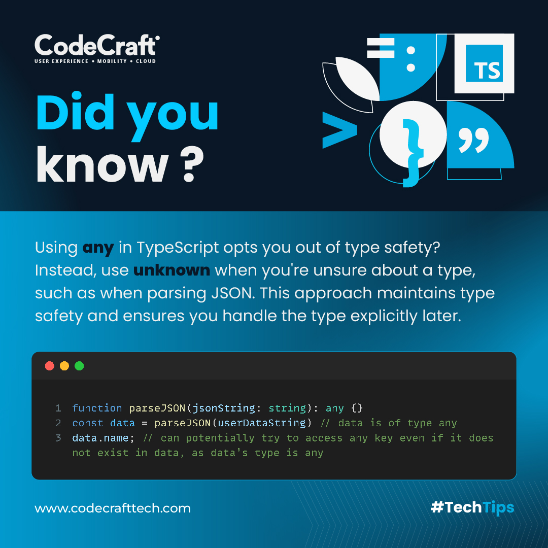 codecrafttech's tweet image. Don't opt out of type safety with any. Use unknown and demand a proper type supplied at the point of use!
Check out this #TechTips!
#CodeCraftTech #git #Coding #CodingLife #Programming #TechTips #TypeScript