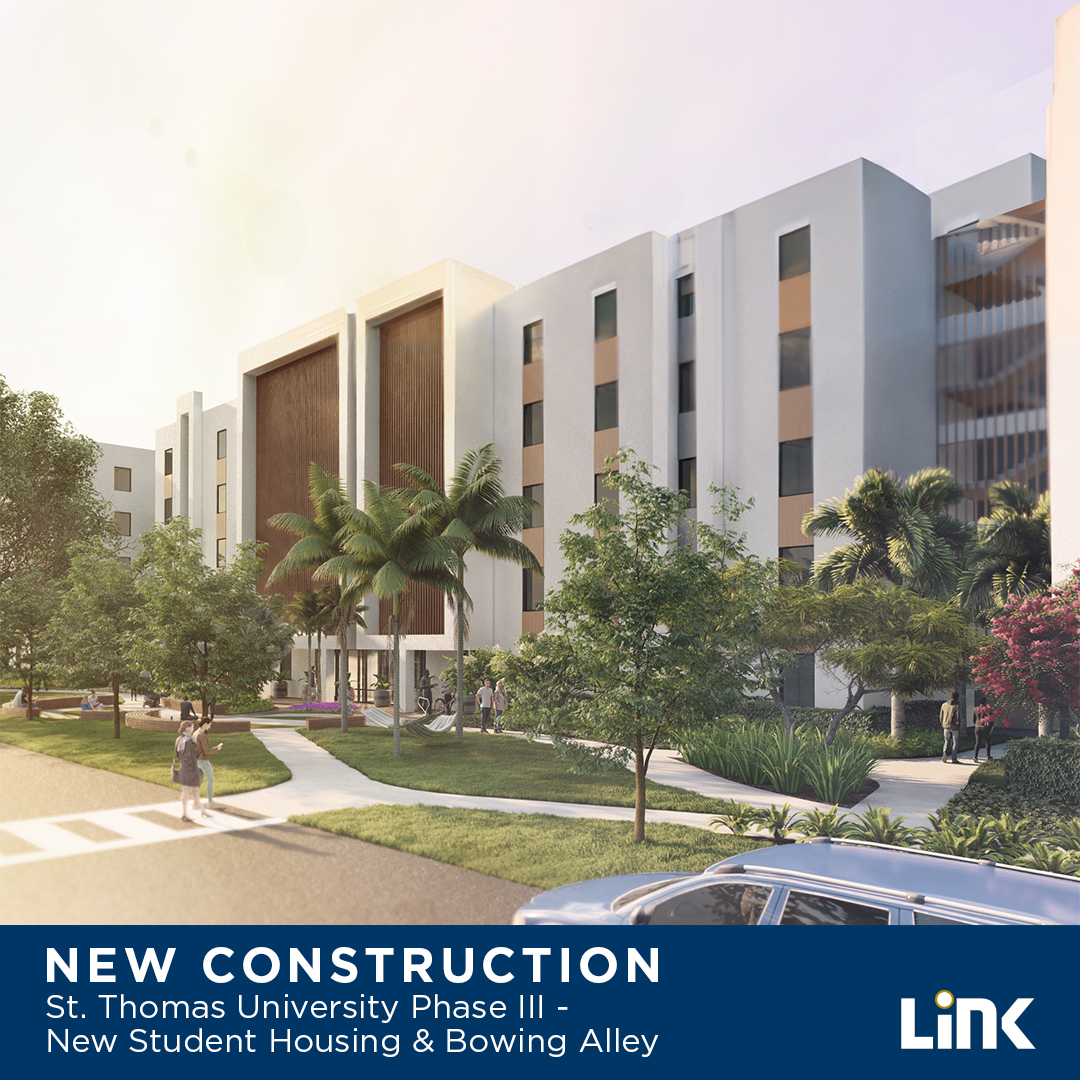 LinkConstGroup's tweet photo. Our newest student housing community is in Miami Gardens this month. The new St. Thomas University Dormitory and Bowling Alley project will feature a 5-story building with 545 beds. This will be Link’s fourth student housing project on this campus. https://t.co/ojYyTdMnFs